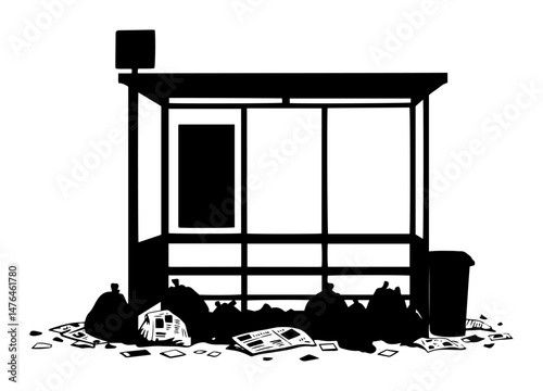 abandoned dirty bus stop with trash and graffiti silhouette vector shape