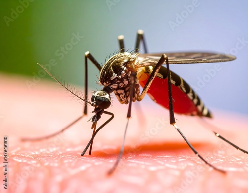 Striped mosquitoes are eating blood on human skin.