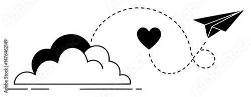 paper plane flying over clouds with heart path vector silhouette laser cutting engraving