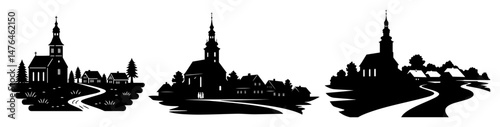 village landscape with churches and winding road vector silhouette laser cutting engraving