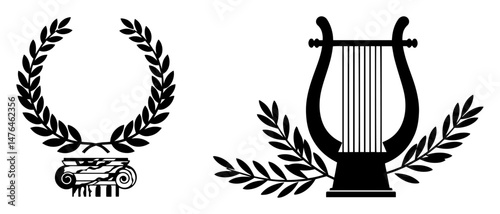 greek laurel wreath and lyre musical symbol vector silhouette laser cutting engraving