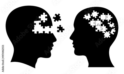 human heads with puzzle pieces symbolizing communication vector silhouette laser cutting engraving