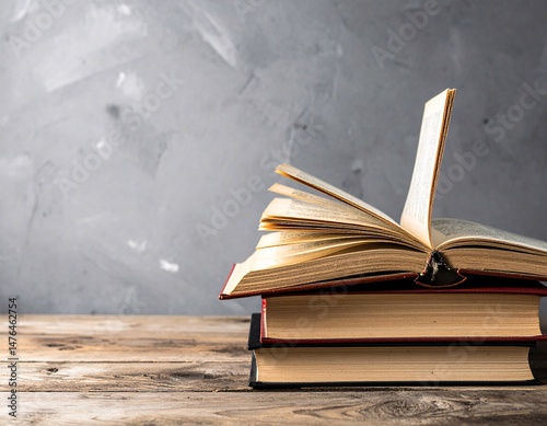 Open book on old wooden table in the library