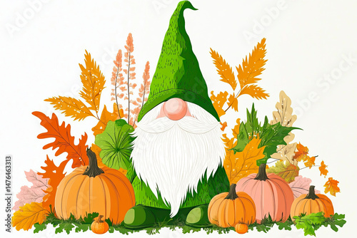 Autumn gnome with a long white beard and a green hat sits among pumpkins and colorful fall leaves in a festive seasonal illustration. 