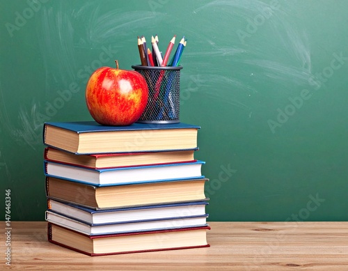 back to school banner. stack of books over wooden desk