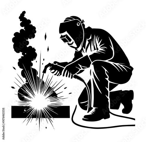 welding worker in action with sparks silhouette vector