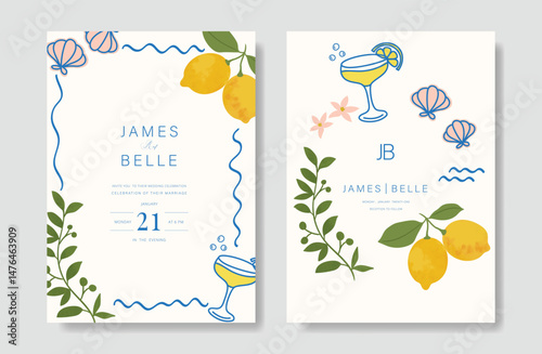 Indigo Italy summer invitation card vector. Italian poster with lemon, shell, wine, summer element. Design for wedding card, greeting card, bridal shower, cover.