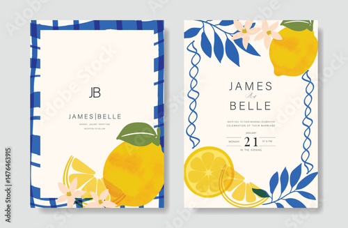 Indigo Italy summer invitation card vector. Italian poster with lemon, Blue Mediterranean tiles pattern, summer element. Design for wedding card, greeting card, bridal shower, cover.