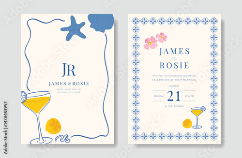 Indigo Italy summer invitation card vector. Italian poster with lemon, shell, wine, summer element. Design for wedding card, greeting card, bridal shower, cover.