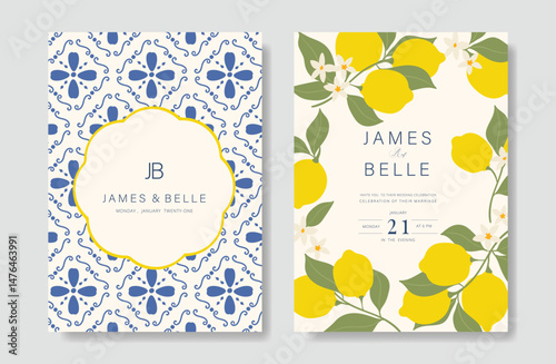 Indigo Italy summer invitation card vector. Italian poster with lemon, Blue Mediterranean tiles pattern, summer element. Design for wedding card, greeting card, bridal shower, cover.
