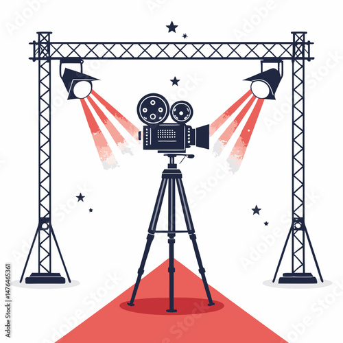 Create a bold, vector illustration of a film set scene, focusing on a single element (e.g., a clapboard, camera, light).  Emphasize strong outlines and flat colors.