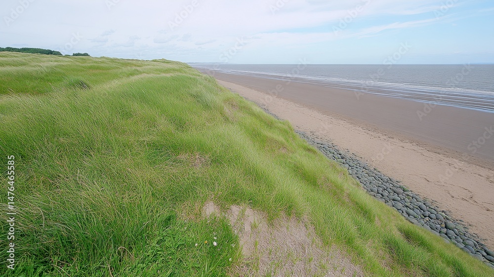 Naklejka premium Serene Coastal Landscape with Green Grass and Sandy Beach View