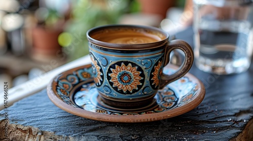 water Dark Turkish coffee served in ornate cup with lokum and