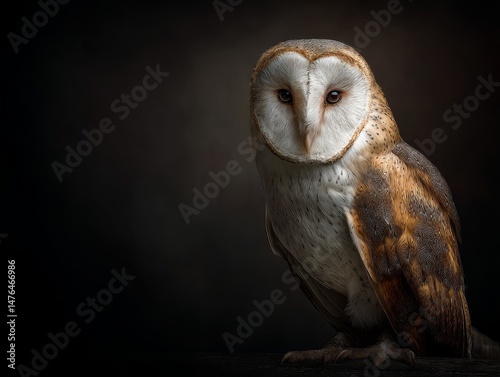 Barn owl in a moody editorial spotlight, mysterious and regal, isolated on matte charcoal background