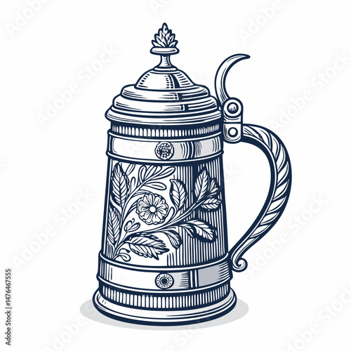 Create a vector illustration of a German beer stein, featuring a bold, thick black stroke outline.  The design should be clean and easily scalable.
