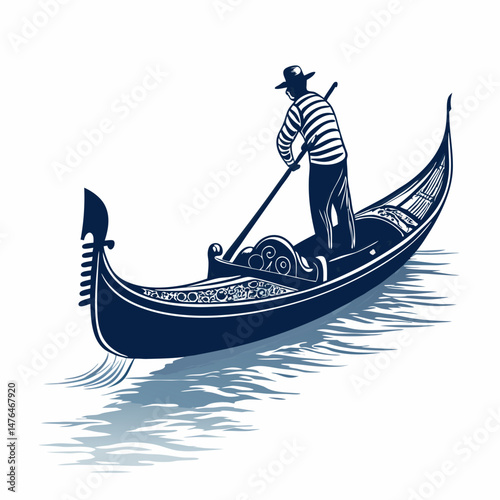 Create a bold, vector illustration of a Venetian gondola with strong black strokes, emphasizing detail.  Include reflections in the water.