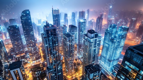 Stunning urban skyline illuminated at night.