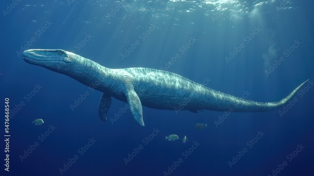 Fototapeta premium Magnificent Underwater Scene featu a Large Long Skeletonized Dinosaur-like Extinct Marine Reptile Swimming in Clear Blue Ocean with Sunlight Rays and Small Fish