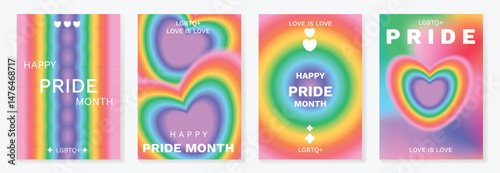 Happy Pride month poster background vector set. LGBTQ community symbol with rainbow, pride flag, heart. Design for celebration, bisexual, transgender, gender equality, rights, ads.