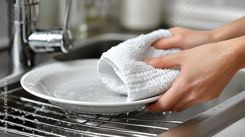 Close up of a person drying a clean plate with a towel, the shiny surface of the plate gleaming as it wiped dry