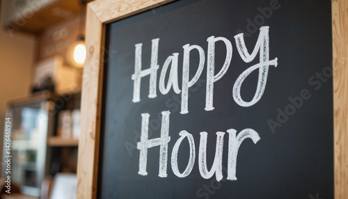 Chalk menu with Happy Hour sign in a cozy cafe background  