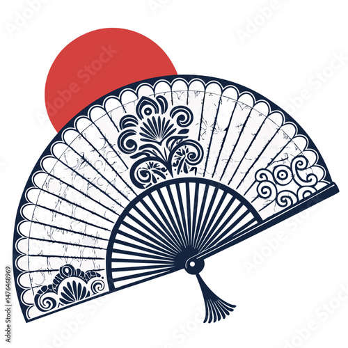 Create a bold, vector illustration of a Japanese folding fan, emphasizing strong black outlines and clean lines.  Include detailed, intricate fan design.