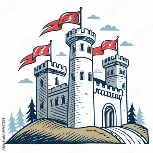 Create a bold, vector illustration of a medieval castle scene, emphasizing strong black outlines and simplified shapes.  Include a keep, towers, and walls.