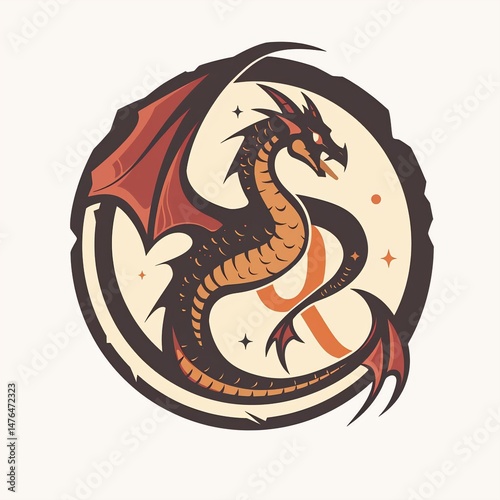 A stylized dragon logo with orange and black scales, spread wings, and red eyes, centered around the letter 