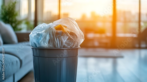 Close up of a trash can in the living room being cleared, with a fresh trash bag being placed inside as the soft lighting highlights the clean home atmosphere