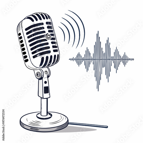 Create a bold vector illustration of a microphone with strong, thick outlines, emphasizing audio waves emanating from it.