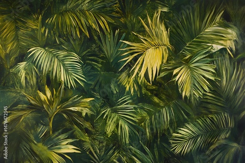 A lush and textured oil painting depicting dense palm fronds in varying shades of green and yellow.