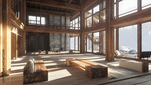 Modern Timber Frame House with Minimalist Small Japanese Exterior, Diverse Natural Settings, Vibrant Accents, Realistic Textures, and Dynamic Lighting in Varied Weather (AI-generated)