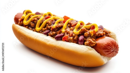 A hot dog topped with chili, mustard, onions, and parsley on a white plate.
