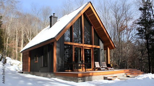 Modern Timber Frame House with Minimalist Small Japanese Exterior, Diverse Natural Settings, Vibrant Accents, Realistic Textures, and Dynamic Lighting in Varied Weather (AI-generated)