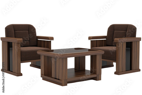 Dark brown wooden settee and coffee table