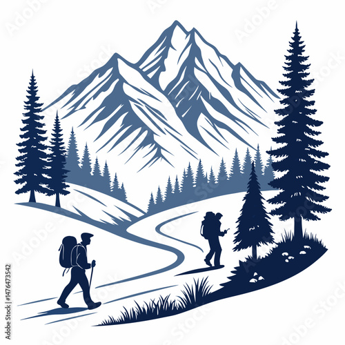Create a bold, vector illustration of a hiker ascending a majestic mountain peak, emphasizing strong lines and impactful color.