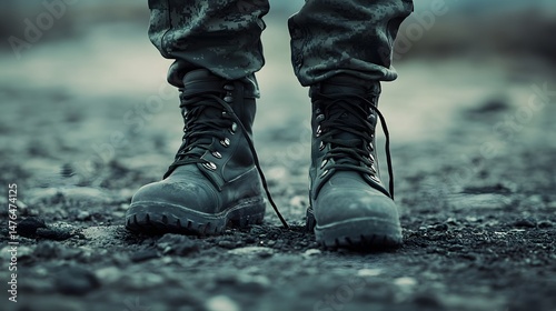 Combat boots on a battlefield ground, cinematic style