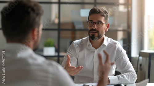 A manager giving constructive feedback to an employee during a one-on-one meeting.