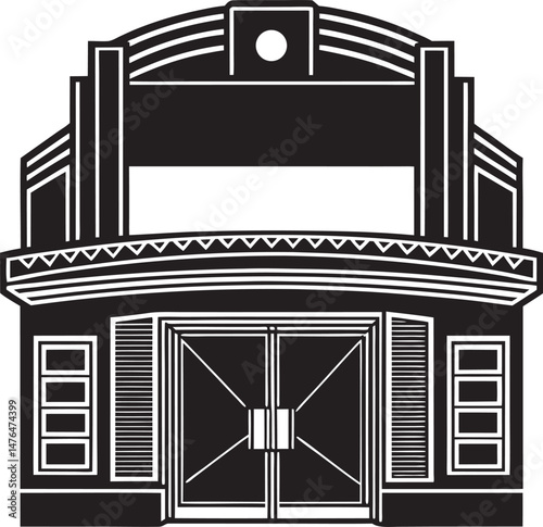 Stylized entertainment industry artwork showing movie equipment and theater stage in clean silhouette style.