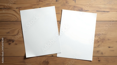 Two blank white paper on a wood table mockup. Empty a4 sheet document for presentation or template mockup. Paper background to add text or design
