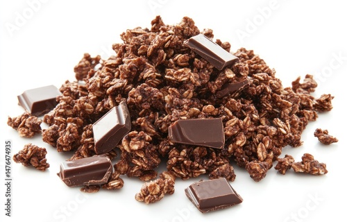 Pile of chocolate granola with scattered chocolate pieces