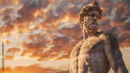 A majestic Greek statue stands tall against a warm sunset backdrop, its muscular form gazing directly at the viewer.