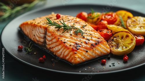 Grilled salmon fillet served with roasted vegetables.