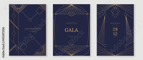Luxury invitation card background vector. Elegant classic antique design, gold lines gradient on navy blue background. Premium design illustration for gala card, grand opening, art deco.