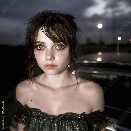A young woman with freckles and a contemplative expression stands in a black dress, gazing directly at the camera.