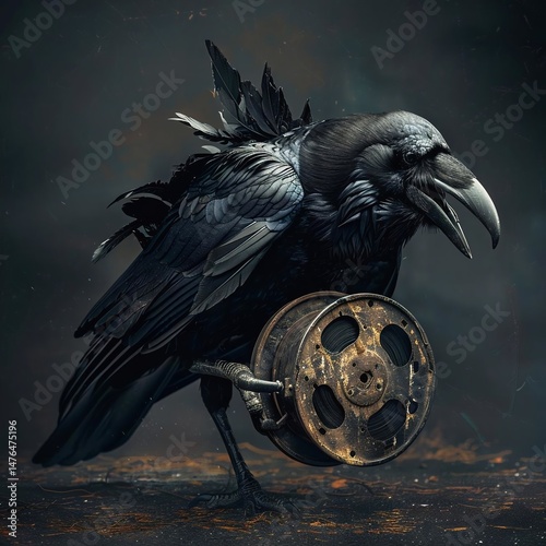 A realistic raven stands on a dark surface, holding an old, rusted film reel with multiple holes, its black feathers with gray and white accents illuminated by a subtle glow from the upper left.