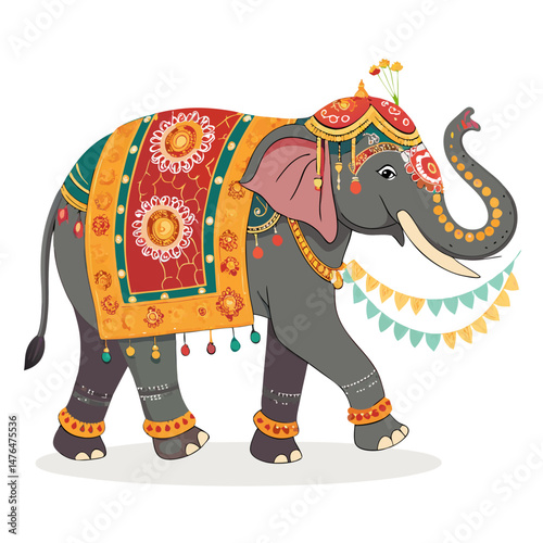 Create a bold, vector illustration of an Indian elephant, emphasizing its powerful form with thick, black outlines.  Include detailed tusks and wrinkles.