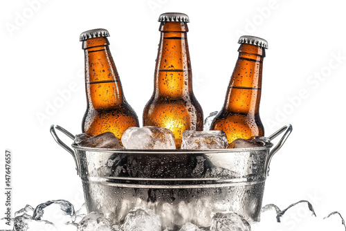 Refreshing cold beer bottles nestled in frosty ice ideal for bar menus and festive promotions