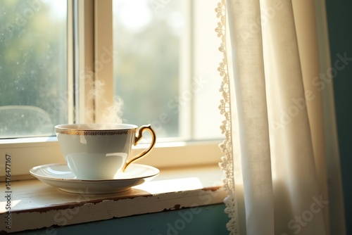 Morning cuppa steaming on windowsill