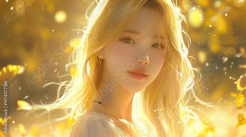 A young woman with blonde hair and a necklace smiles directly at the viewer, wearing a lace-trimmed white top in a warm, golden environment.
